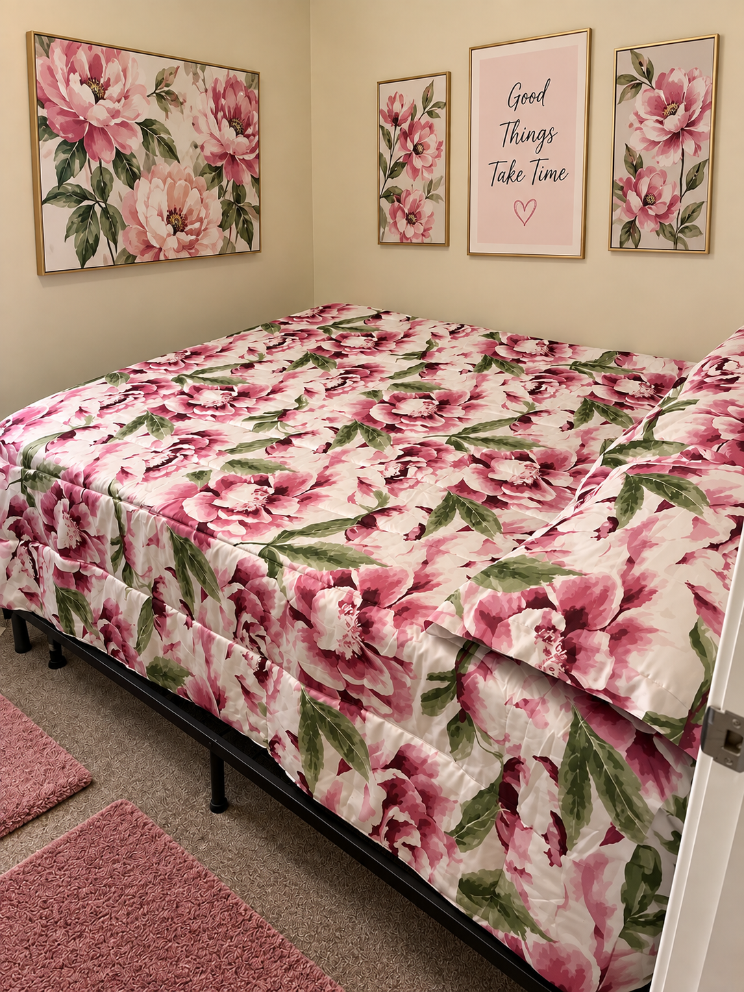 Beautifully styled bedroom with floral bedding and wall art