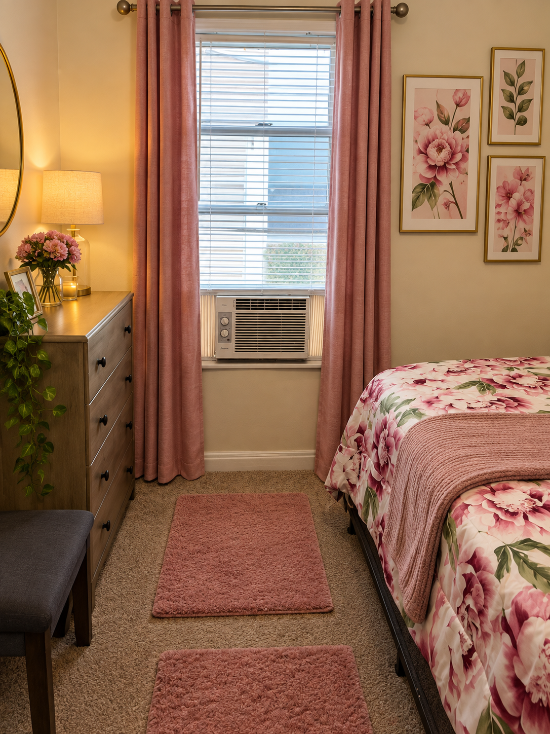 Cozy bedroom with floral bedding and warm curtains