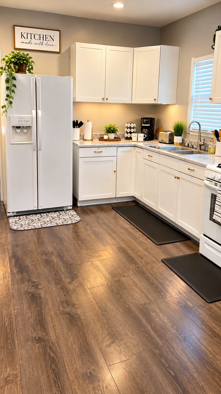 Full kitchen — white cabinets with gold hardware, marble counters, hardwood floors