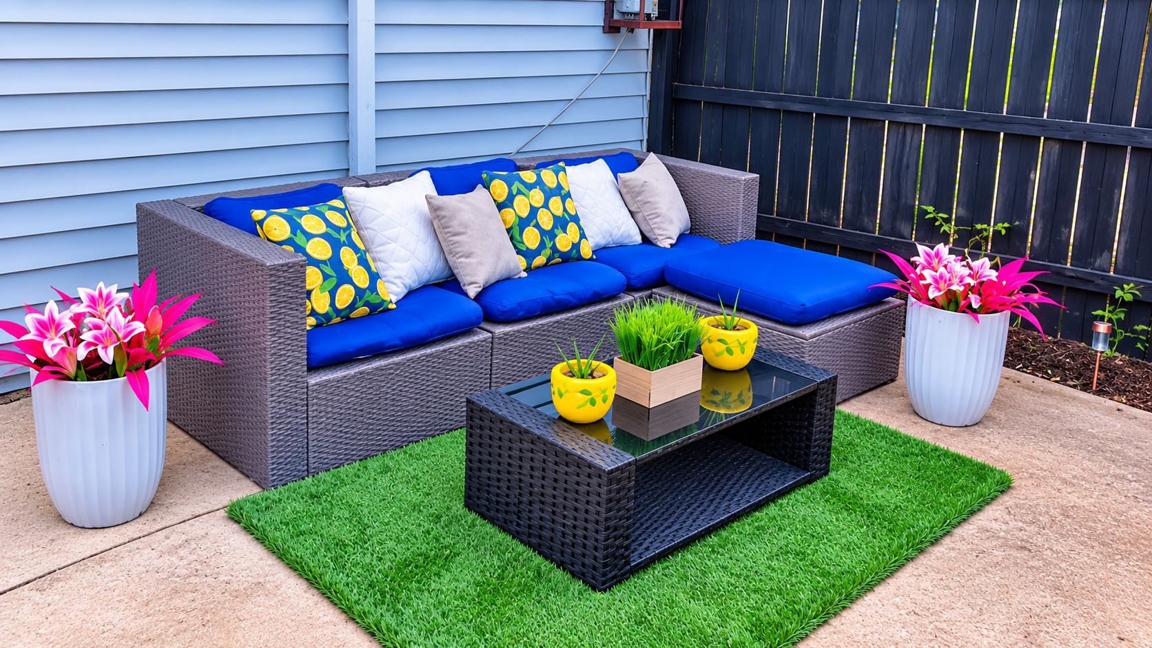 Private outdoor patio — comfortable sectional seating, lush surroundings